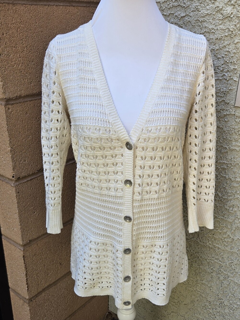 DKNY Cream Openwork V-Neck Button Front Women's Sweater Cardigan